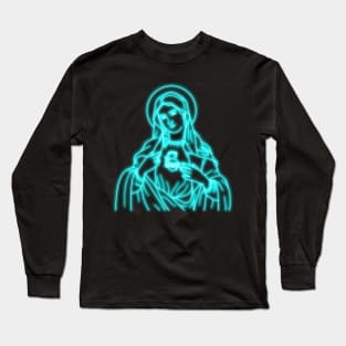 Light Blue Neon Virgin Mary Long Sleeve T-Shirt